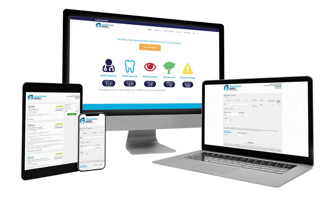 Device-Presentation-InsuranceGeeks_Transparent Desktop, Laptop, Tablet and Phone, displaying Insurance Geeks Website