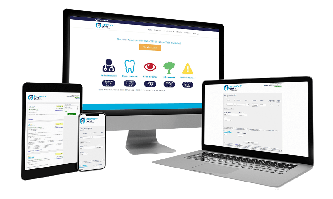 Desktop, Laptop, Tablet and Phone, displaying Insurance Geeks Website